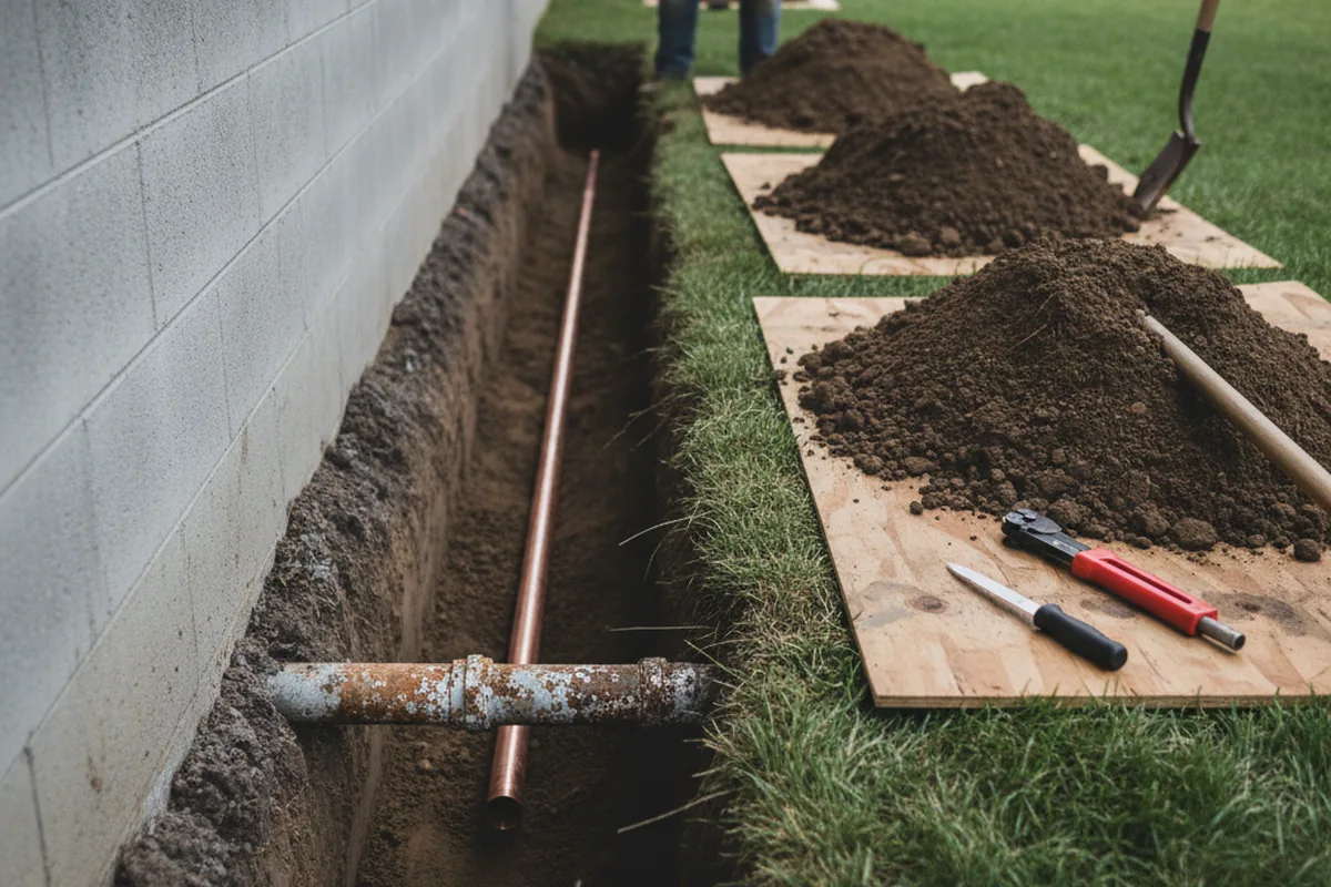 Excavated water line trench during Sewer Line Repair in Rio Oso